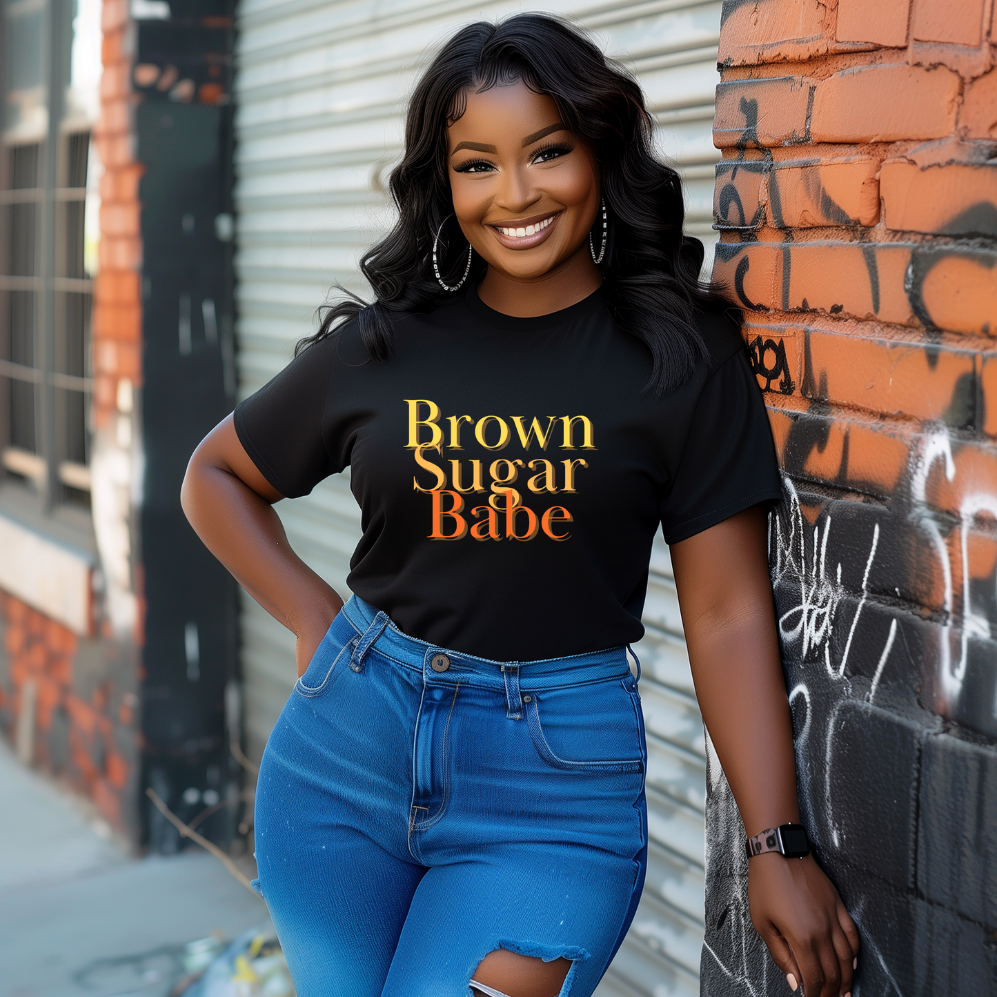 black woman wearing black custom T-shirt with yellow and organe letters styled with jeans and accessories