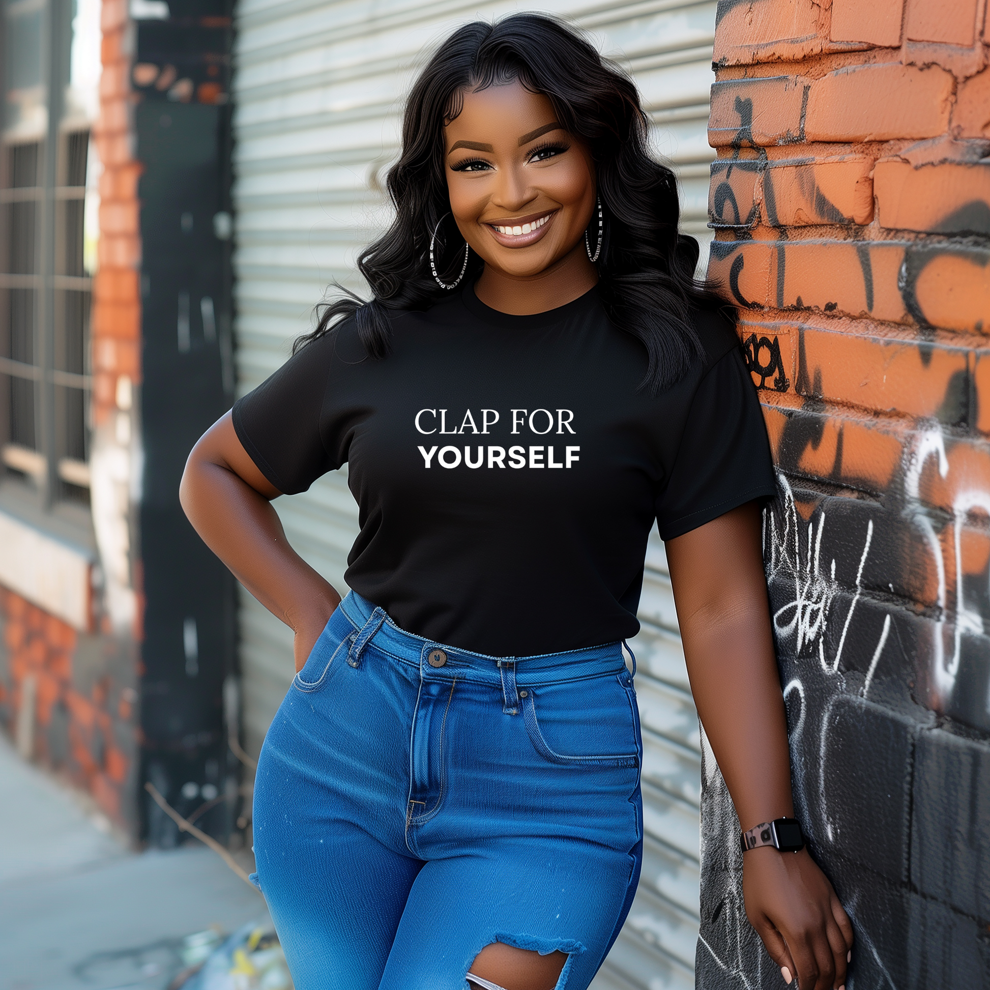 Black woman wearing black motivational t-shirt with white letters