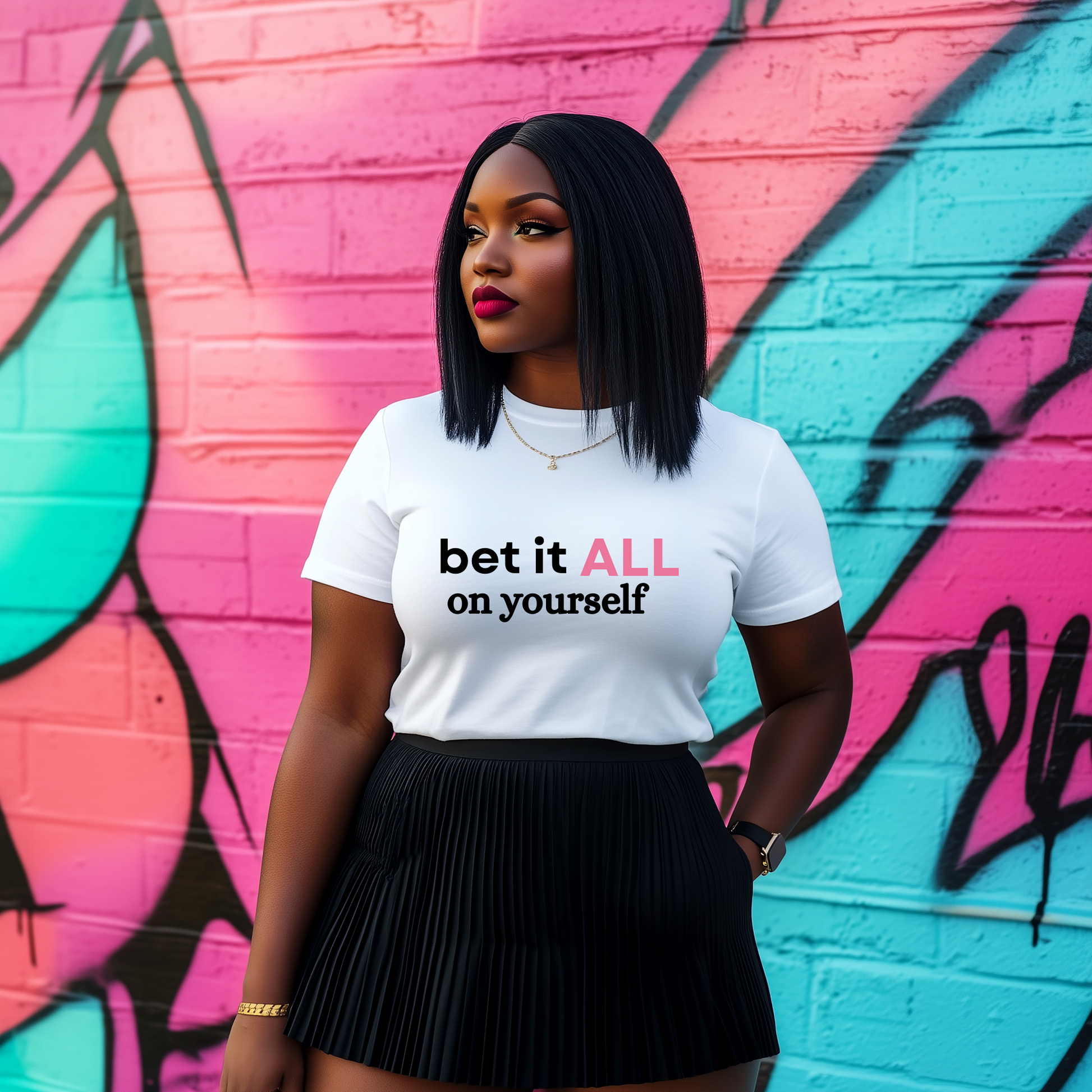 Black woman wearing empowerment t-shirt Bet It All On Yourself