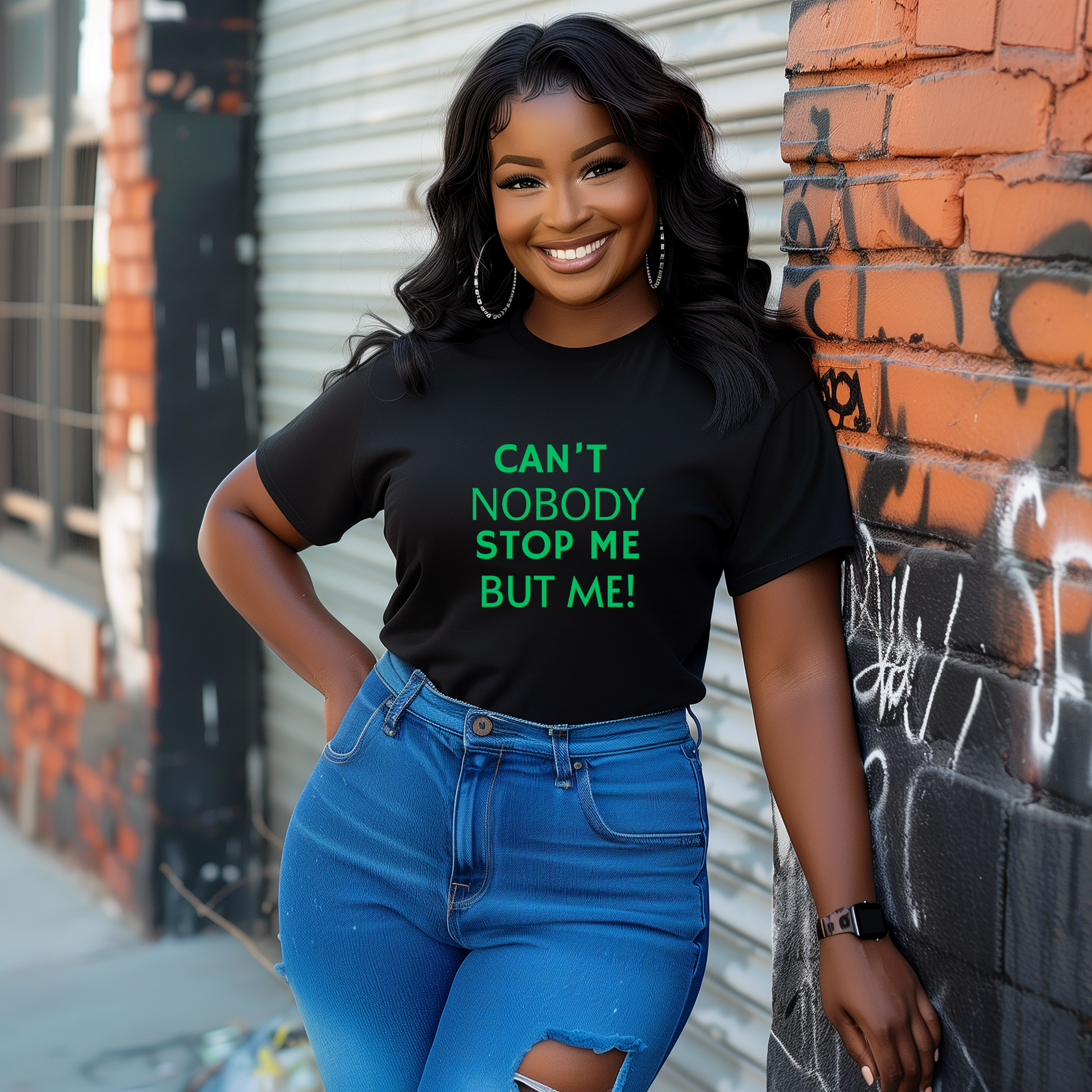 black woman wearing a black tshirt with green letters