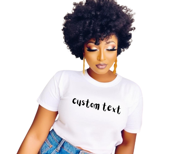 Woman wearing a white t-shirt with 'custom text' printed on it against a white background